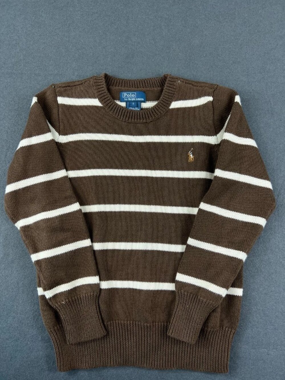Polo Ralph Lauren Boys Brown Crewneck Sweater Striped Tight Knit Pony Logo S